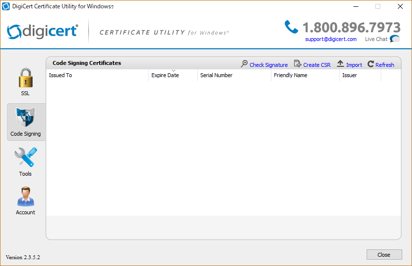 DigiCert Certificate Utility 画面